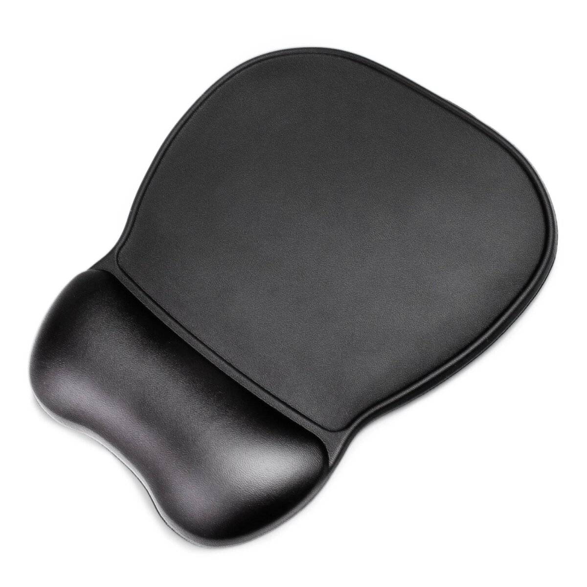 Ein schwarzes ergonomisches Mousepad mit integriertem Handgelenkstützenkissen, das entwickelt wurde, um Belastungen bei längerer Computernutzung zu reduzieren.