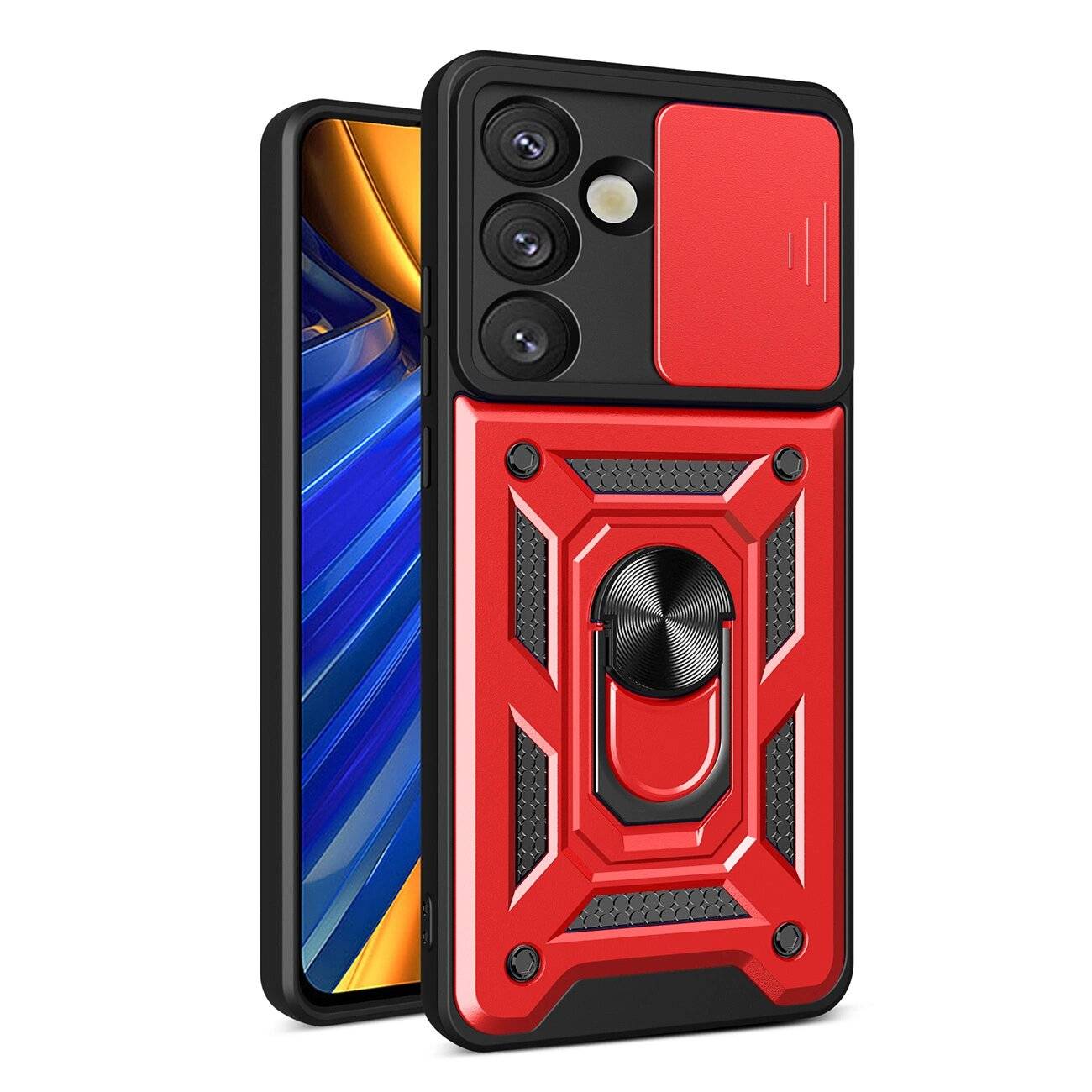 Hybrid Armor Camshield-Hülle Kameraabdeckung Metallring Samsung Galaxy S25 – rot