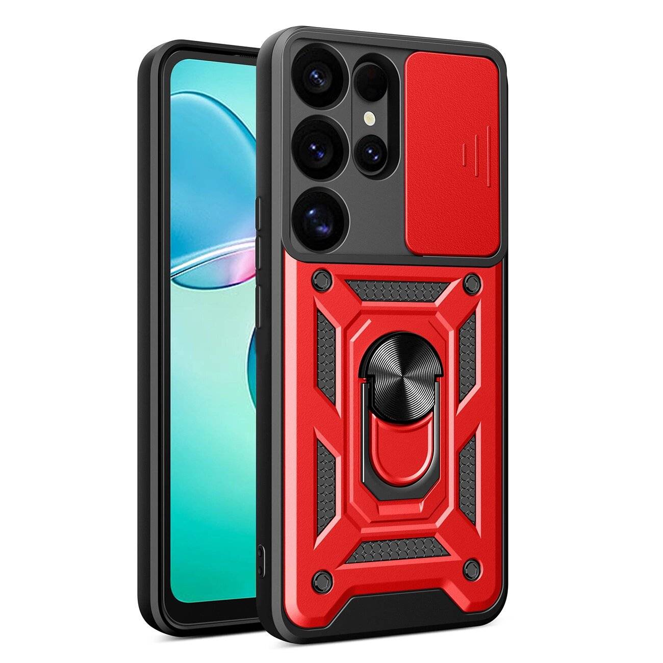 Hybrid Armor Camshield-Hülle Kameraabdeckung Metallring Samsung Galaxy S25 Ultra – rot