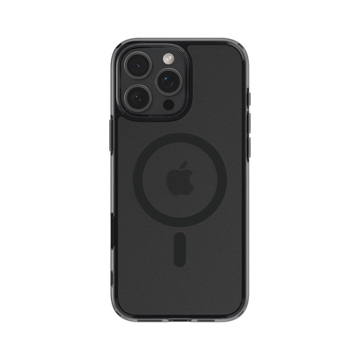 Ein Smartphone mit einer schwarzen transparenten Hülle, die ein kreisförmiges Design und das Apple-Logo auf der Rückseite zeigt, wobei die Kameralinsen hervorgehoben werden.