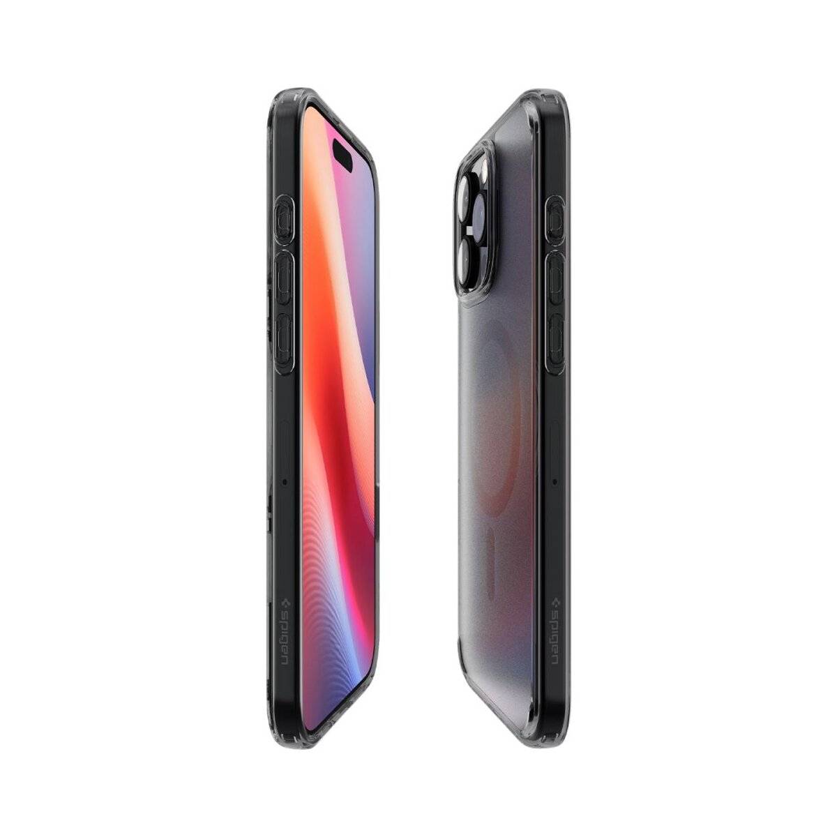 Zwei schwarze Smartphones mit lebendigen Bildschirmen stehen aufrecht und zeigen Vorder- und Rückansichten, die das elegante Design und die gewölbten Kanten hervorheben.