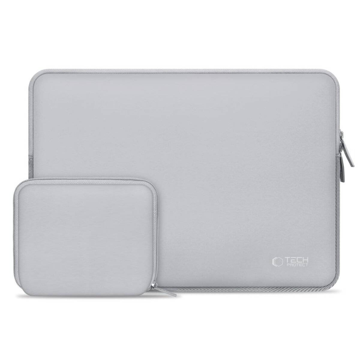 Graue Laptop-Tasche und kleinere Zubehörtasche, beide mit Reißverschlussverschlüssen und minimalistischem Design.