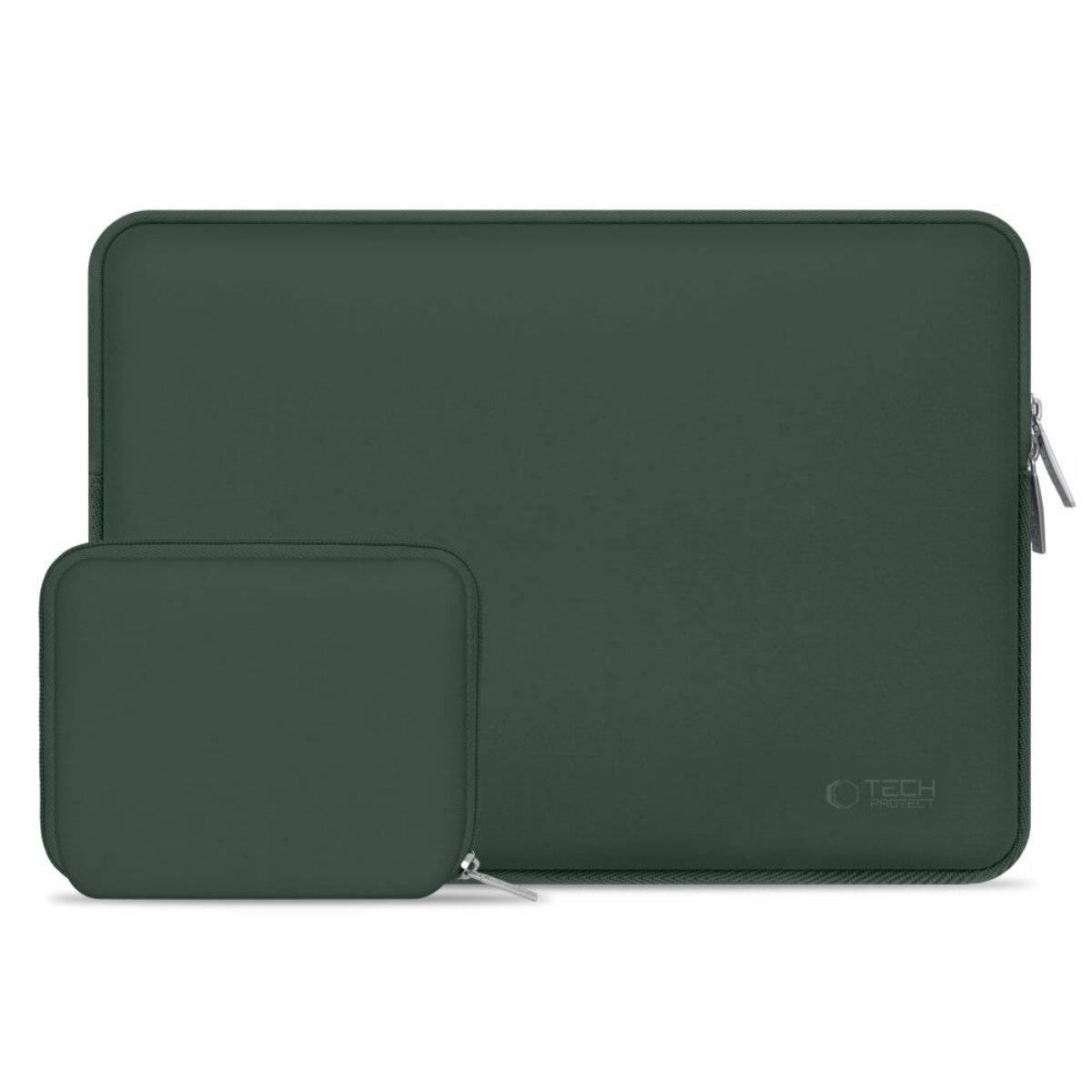 Grüner Laptop und Zubehör-Schutzhüllensatz mit Reißverschlussverschlüssen auf weißem Hintergrund. Geeignet zum Schutz elektronischer Geräte.