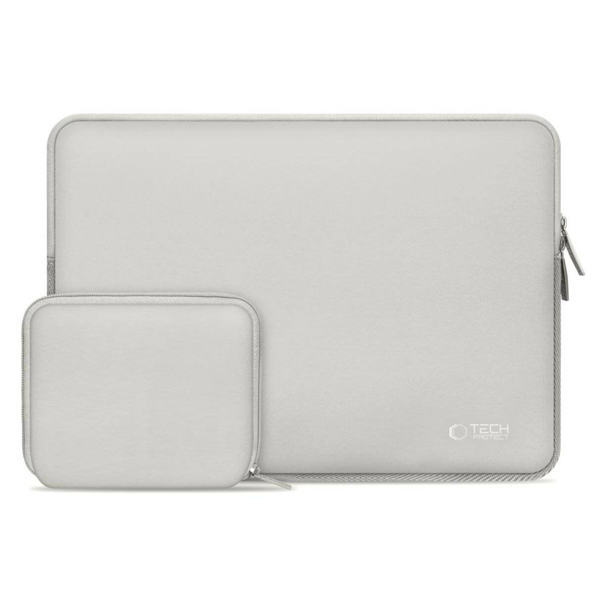 Ein großes und kleines hellgraues Tech-Zubehör-Koffer-Set mit Reißverschlüssen und minimalistischem Design, das das Markenlogo in der Ecke hervorhebt.