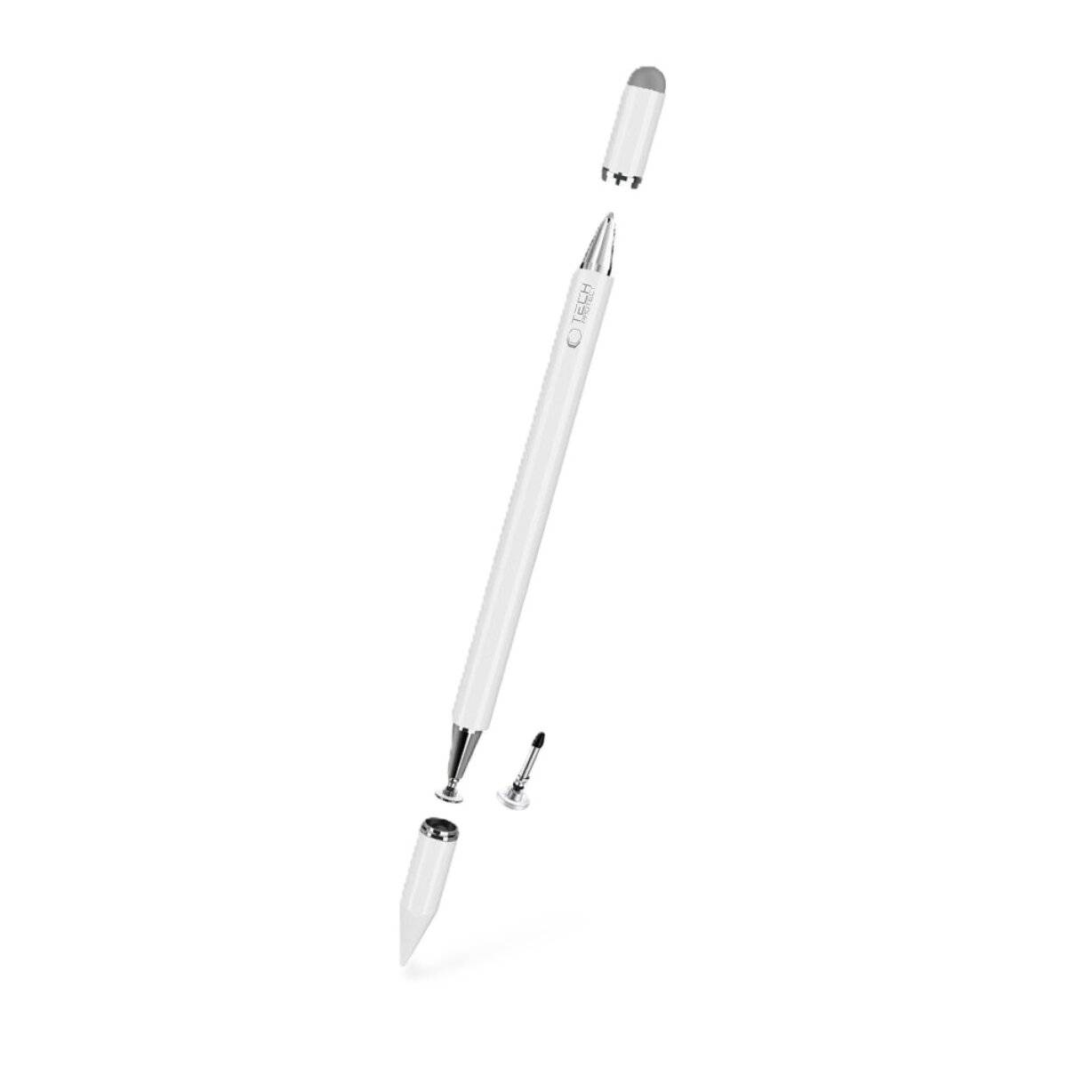Ein Stiftepen mit zwei abnehmbaren Spitzen, das sein erweiterbares Design und die Vielseitigkeit für Touchscreens und digitales Zeichnen zeigt.