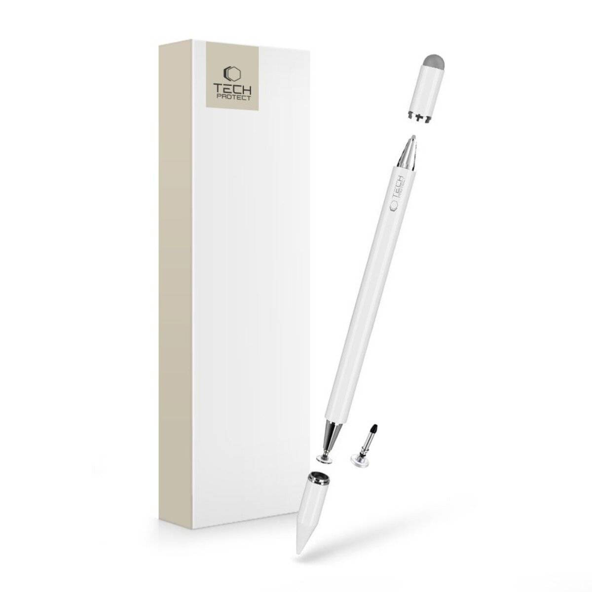 Stylus-Stift mit abnehmbarer Kappe und feiner Spitze neben einer weißen Schachtel mit der Aufschrift TECH PROTECT. Entwickelt für Touchscreen-Geräte.