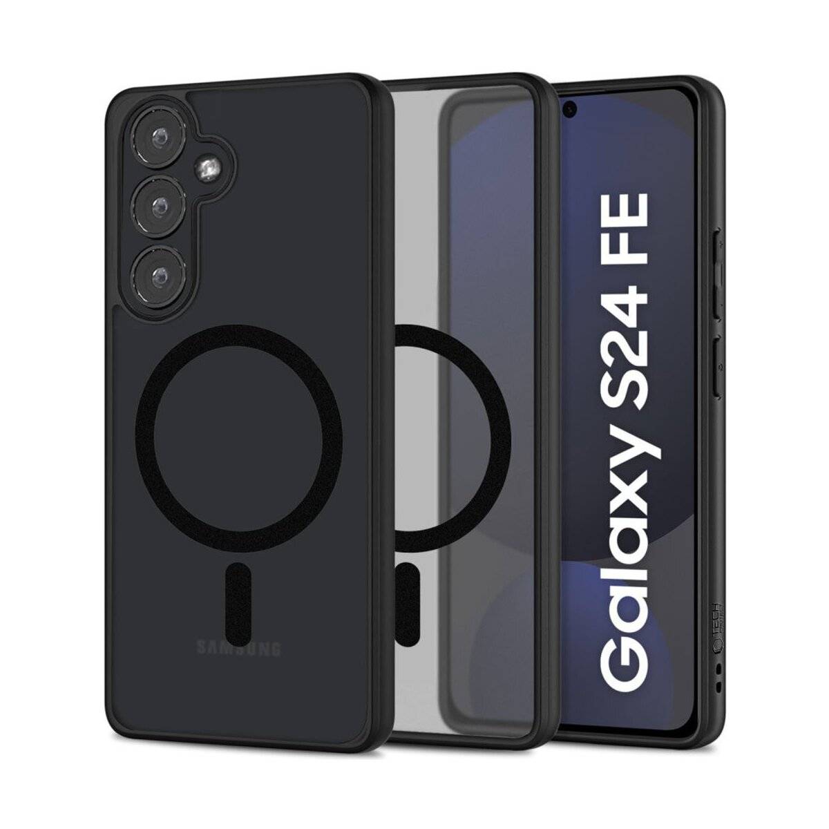 Samsung Galaxy S24 FE Telefon mit Schutzhülle, mit prominentem kreisförmigem Design und mehreren rückseitigen Kameras.