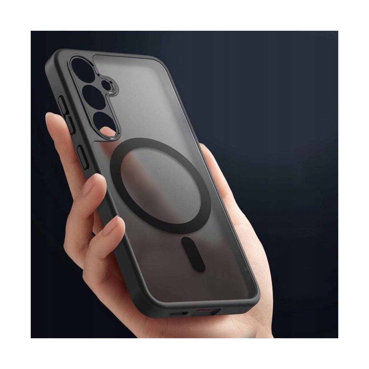 Eine Hand hält ein Smartphone mit einer durchsichtigen schwarzen Schutzhülle. Die Hülle verfügt über ein Ringdesign auf der Rückseite, das sich mit der Kamera des Telefons ausrichtet.