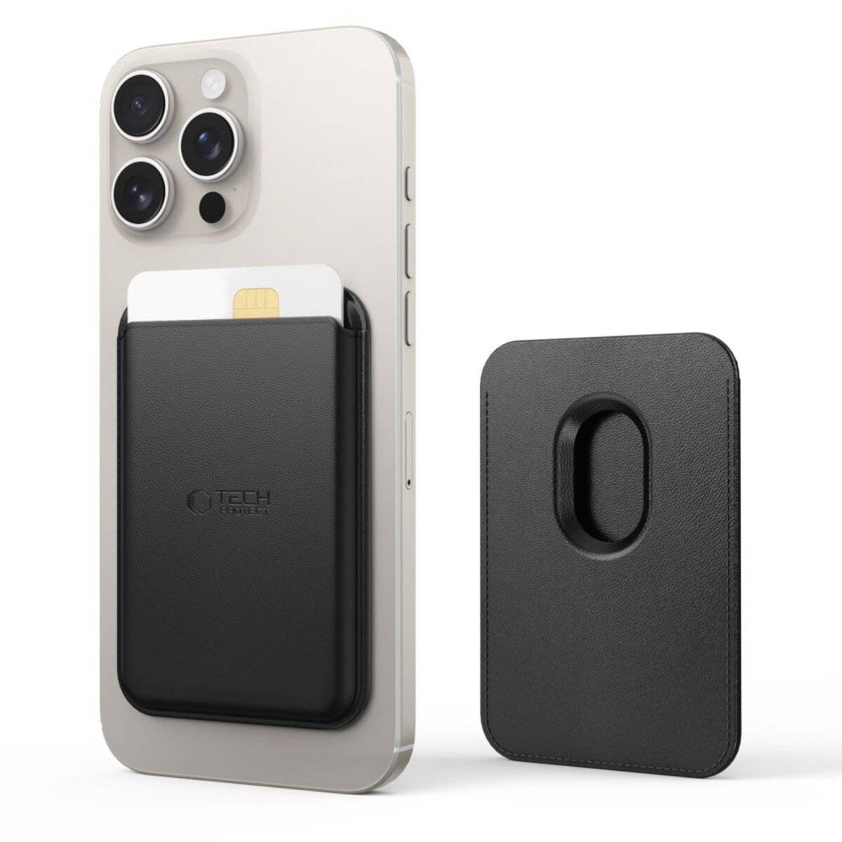 Ein Smartphone mit einem angebrachten schwarzen Kartenhalter, der eine SIM-Karte hält; ein separater Kartenhalter liegt daneben.