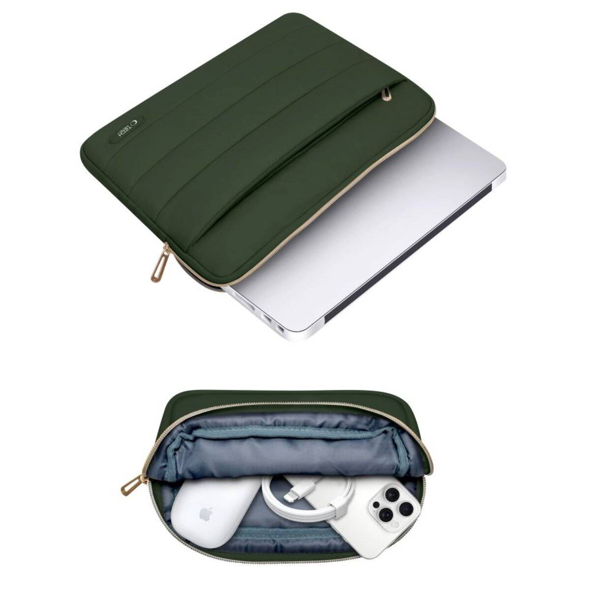 Eine grüne Laptop-Tasche, teilweise offen, zeigt einen silbernen Laptop. Darunter enthält die offene Tasche eine weiße Maus, ein Ladegerät und ein Smartphone.