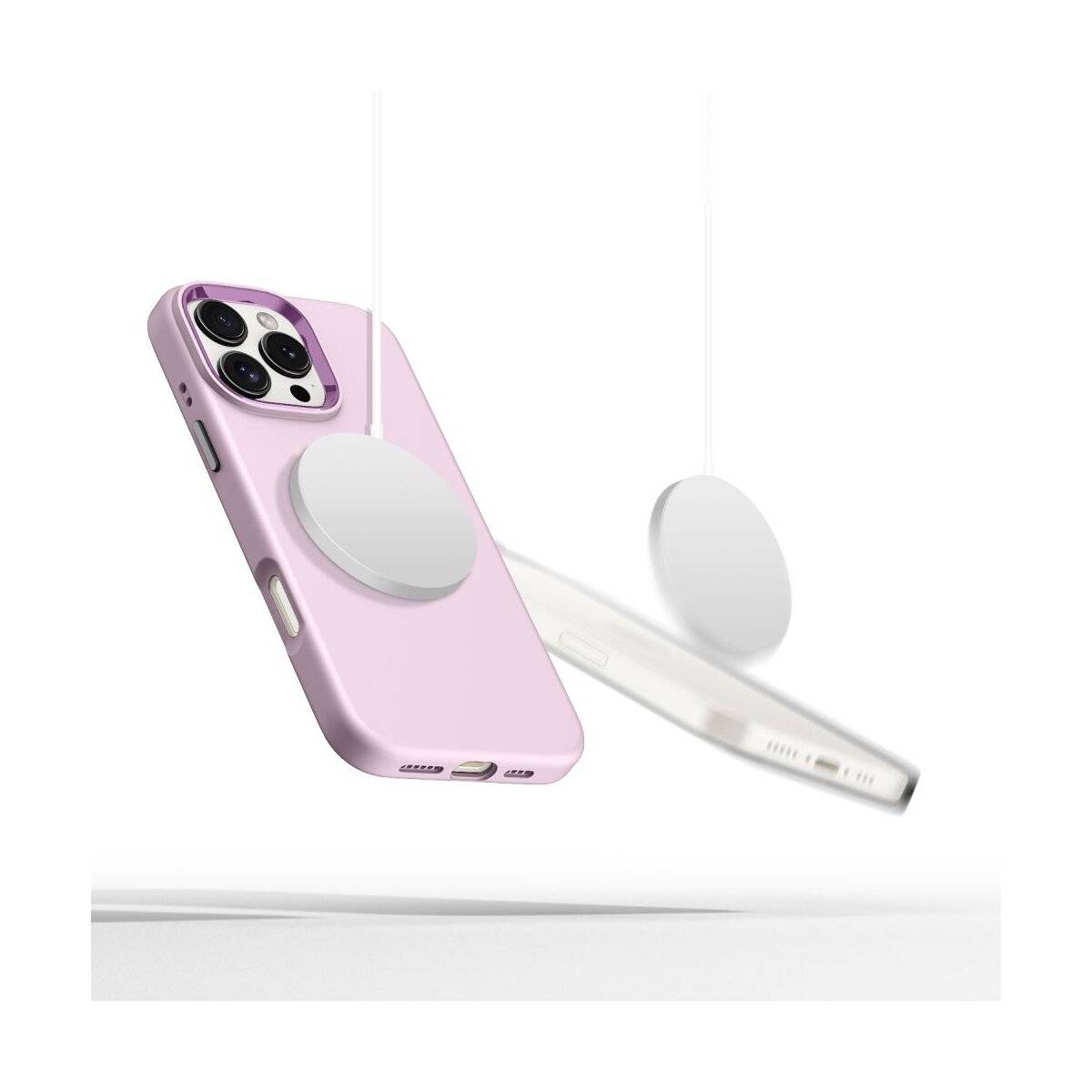 Ein rosa Handyhülle mit magnetischem Griff wird gezeigt, wie sie neben einem ähnlichen weißen Griff schwebt, wobei sein Design und seine Funktion hervorgehoben werden.