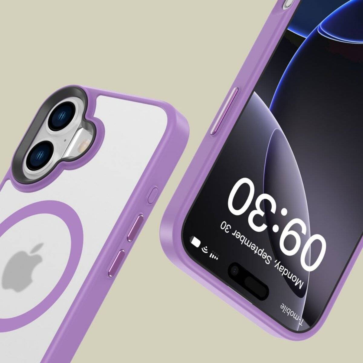 Ein Smartphone mit einer violetten Schutzhülle, das auf dem Sperrbildschirm das Datum 