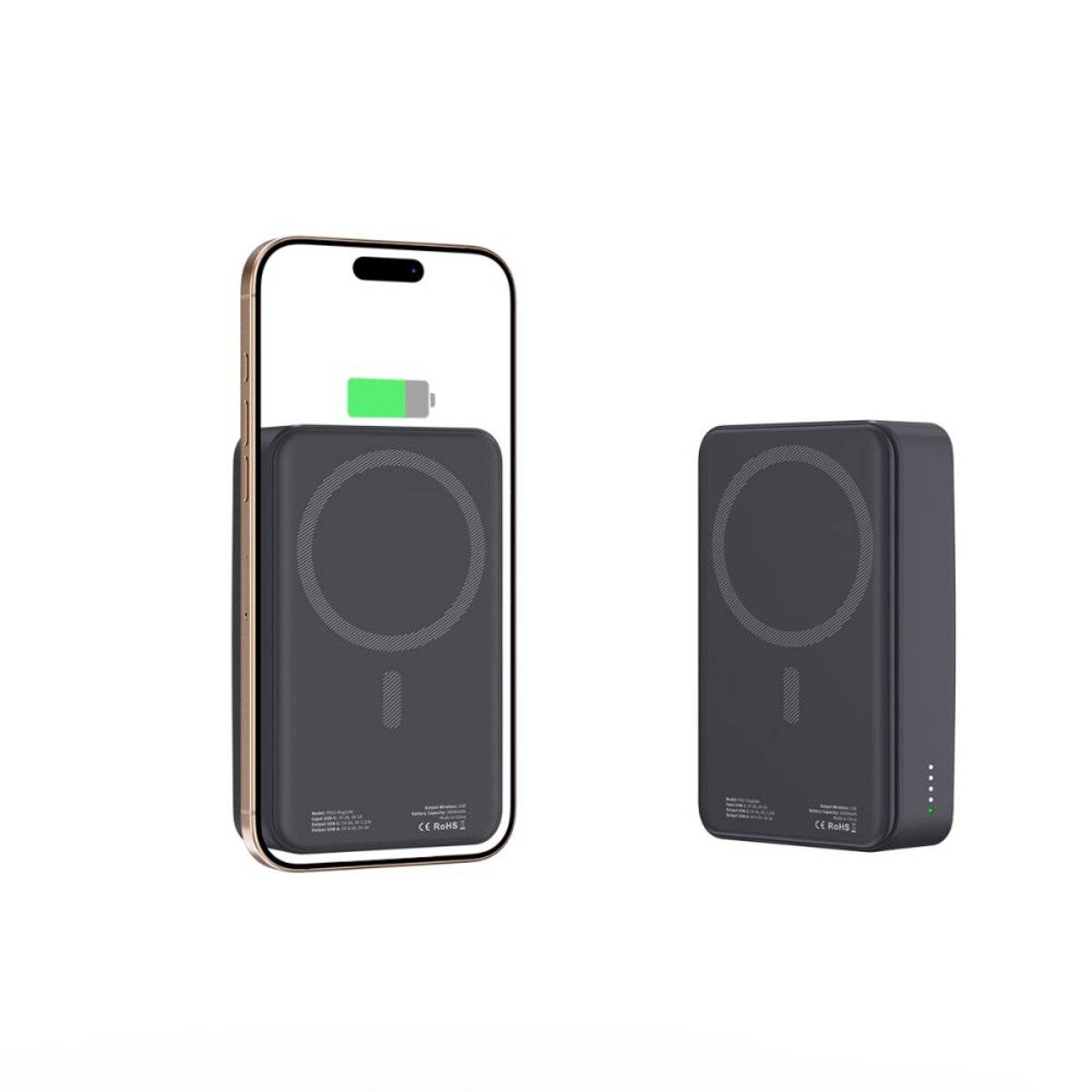 Ein Smartphone und ein kabelloses Ladegerät; das Telefon zeigt ein Ladebatterie-Symbol an, das anzeigt, dass es kabellos aufgeladen wird.