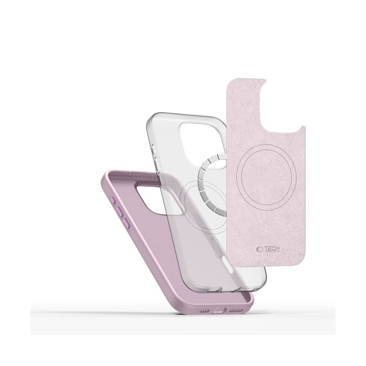 Ein zweiteiliges Handycase mit einer transparenten Abdeckung und einer rosa äußeren Schale, das sein Design und die Kompatibilität mit einem Smartphone zeigt.