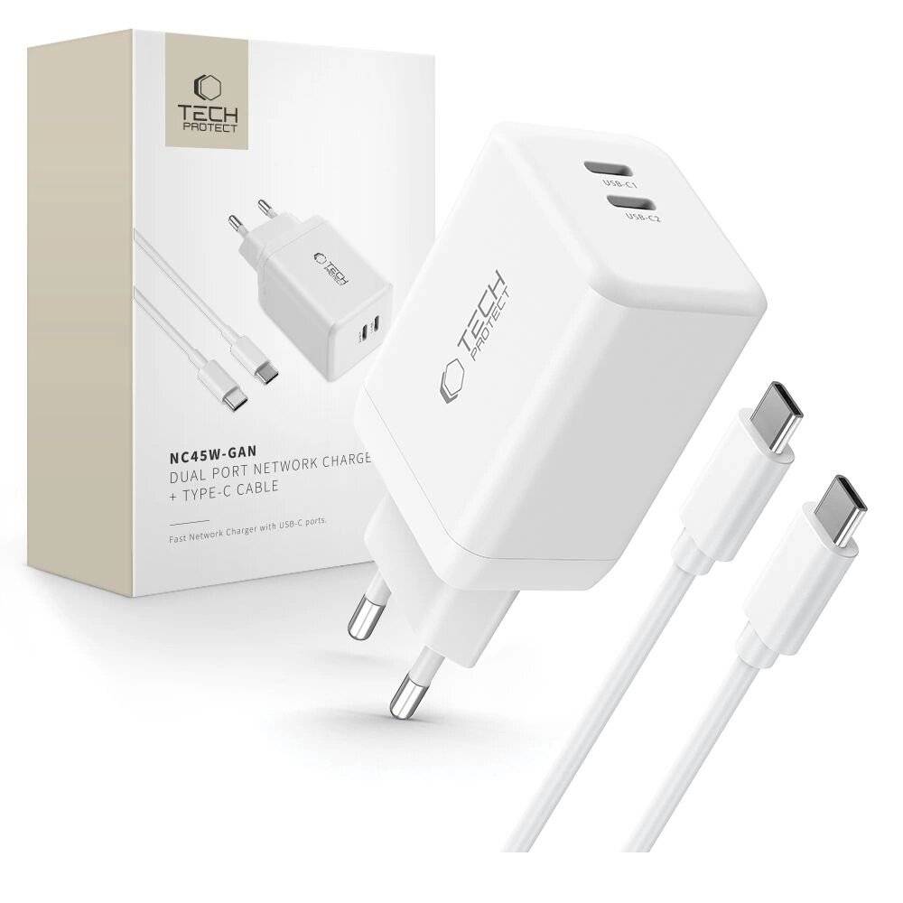 Tech-Protect NC45W-GAN 2-PORT PD45W Ladegerät + TYP-C-KABEL – Weiß