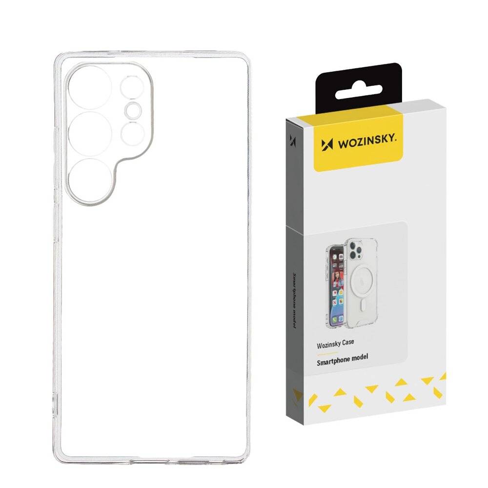 Transparente Smartphone-Hülle mit Schutzrändern, neben ihrer Verpackung mit der Bezeichnung 