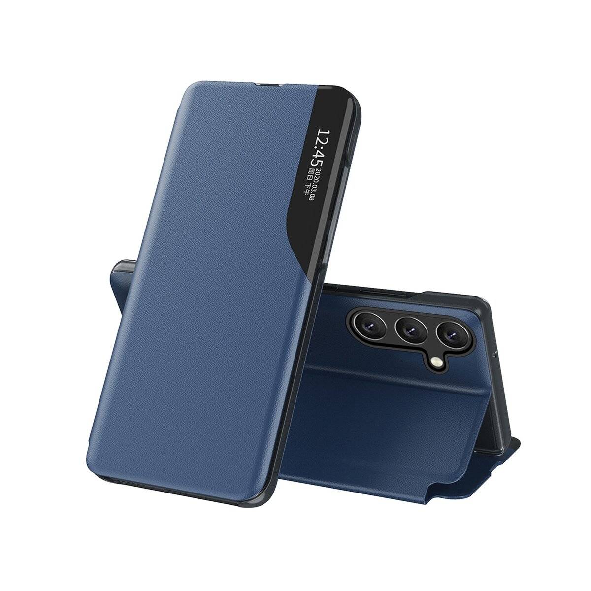 Zwei Smartphones mit blauen Flip-Covern, eines geschlossen mit Zeitanzeige auf dem vorderen Display und das andere offen, das die Kameraobjektive zeigt.