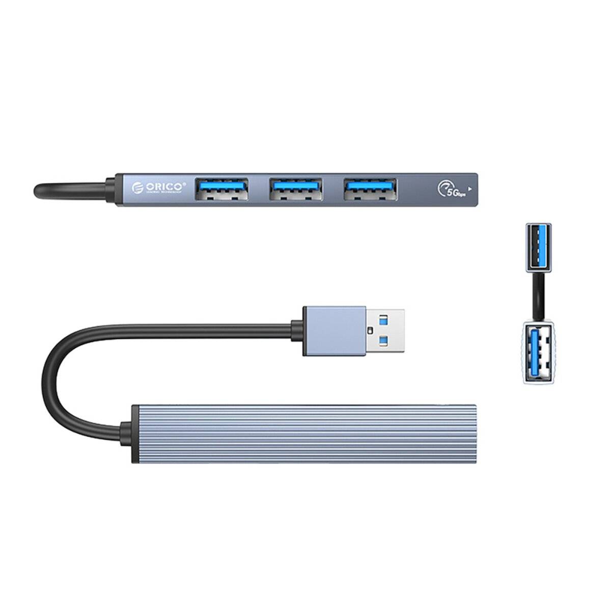 Orico USB Hub 4-Port Aluminium 1x USB 3.0 + 3x USB 2.0 kompakt grau