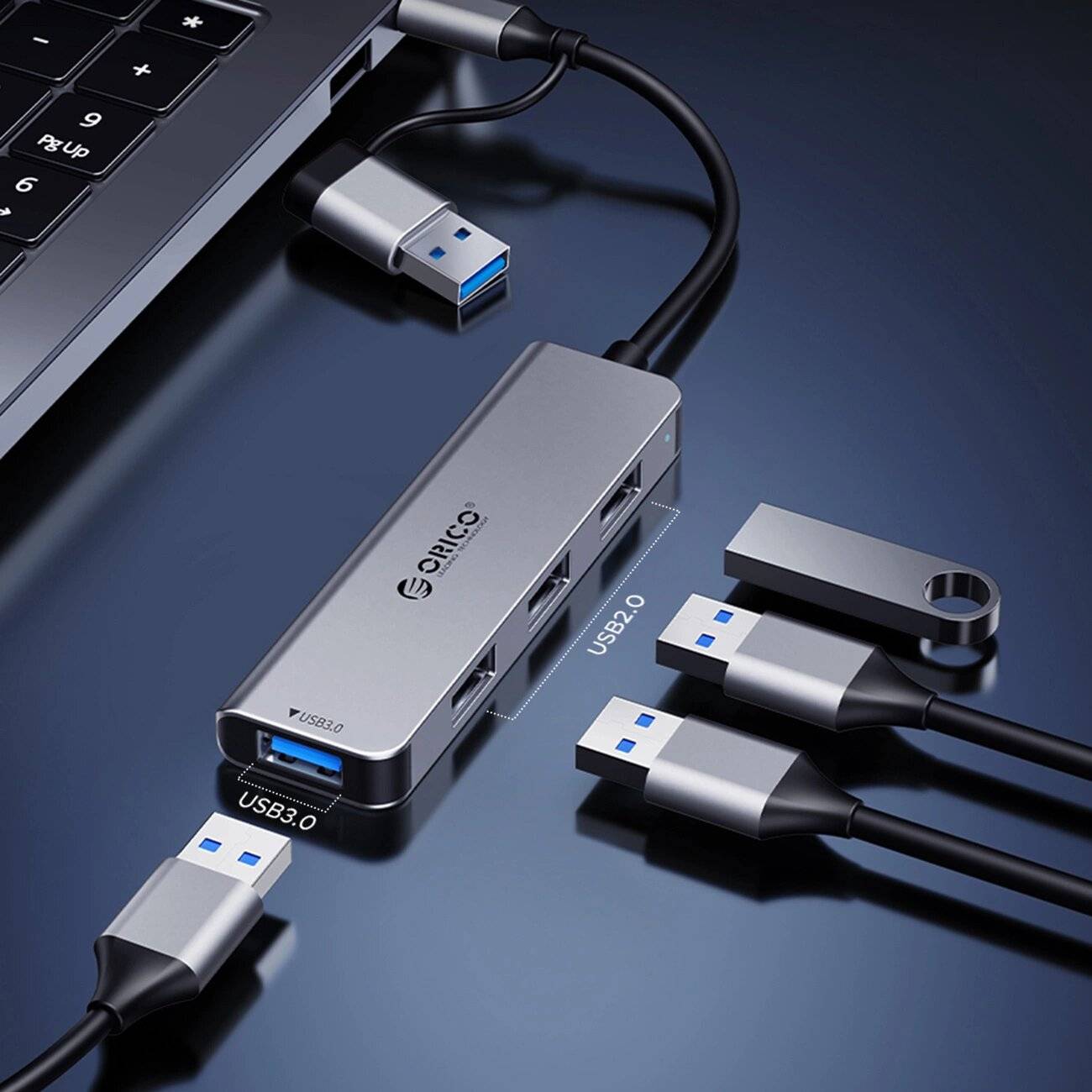 Orico YSA2-U3 USB-A/USB-C Hub Dockingstation 1x USB-A 3.0 + 6x 2.0 - Grau