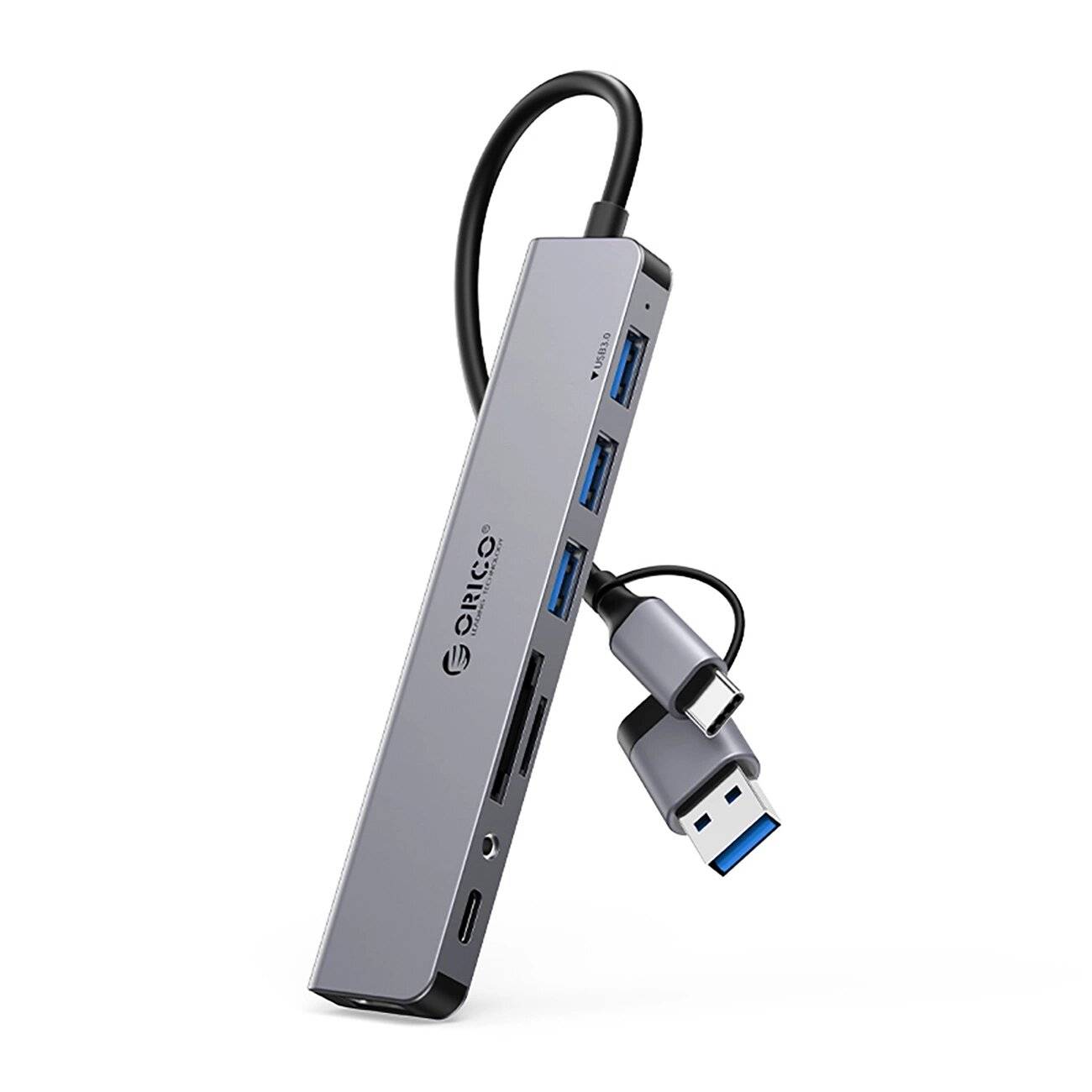 Orico YSA8-U3 USB-A/USB-C Hub Dockingstation 3x USB-A 2.0 + 1x 3.0 USB-C 3,5mm Audio 2x TF&SD
