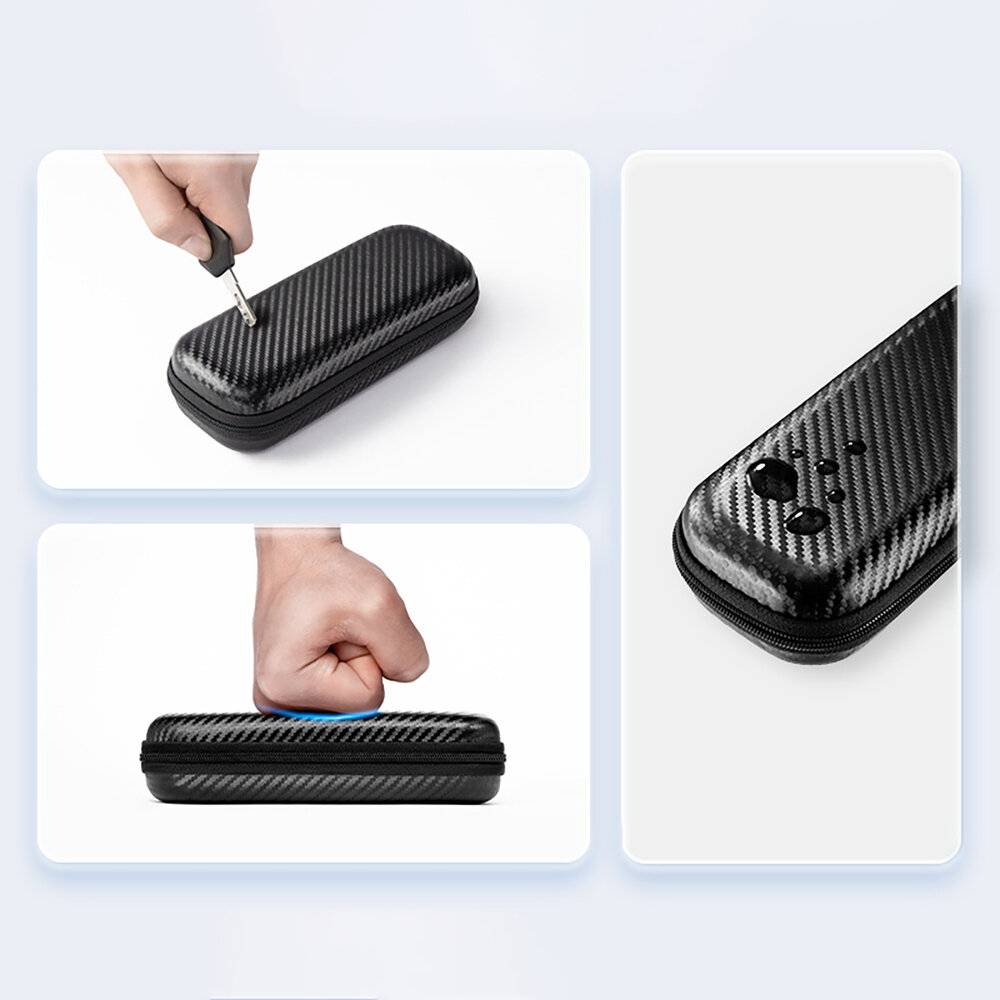 Ein langlebiges Kohlefaser-Gehäuse wird gezeigt. Oben links ist es kratzfest gegen einen Schraubendreher. Unten links ist es stark genug, um einen Faustdruck auszuhalten.