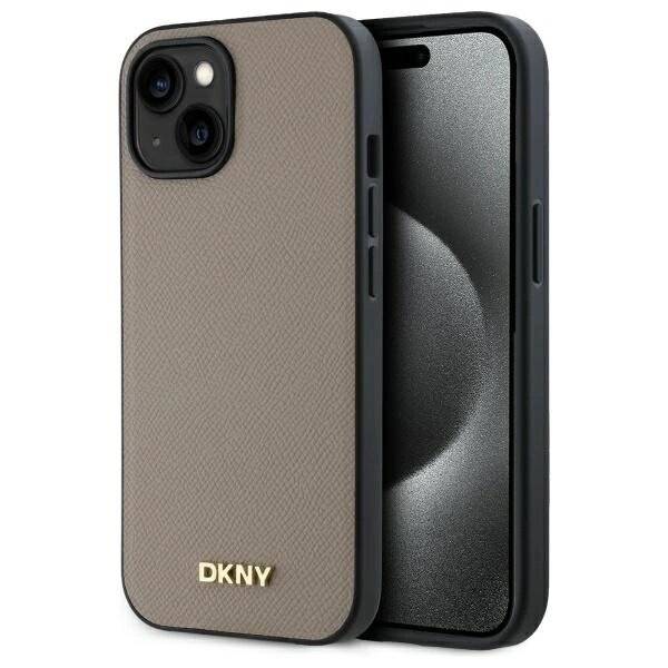 DKNY MagSafe iPhone 15 Hülle genarbtem Metalllogo – Beige