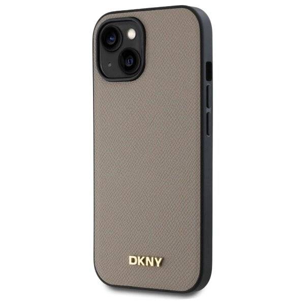 DKNY MagSafe iPhone 15 Hülle genarbtem Metalllogo – Beige