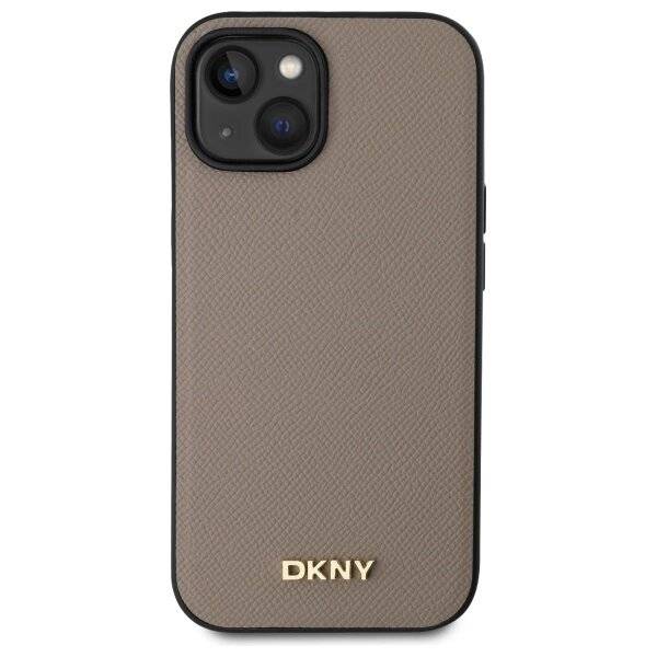 DKNY MagSafe iPhone 15 Hülle genarbtem Metalllogo – Beige