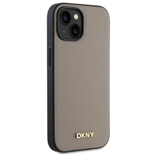 DKNY MagSafe iPhone 15 Hülle genarbtem Metalllogo – Beige