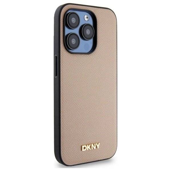 DKNY MagSafe iPhone 15 Pro Max Hülle genarbtem Metalllogo – Beige