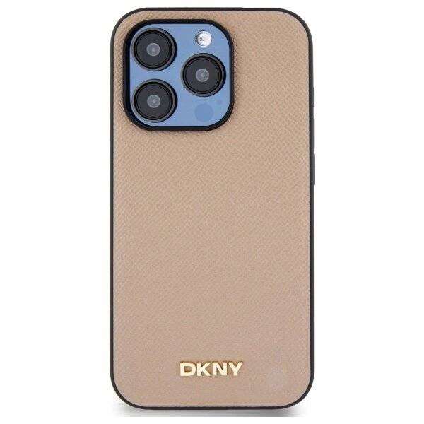 DKNY MagSafe iPhone 15 Pro Max Hülle genarbtem Metalllogo – Beige