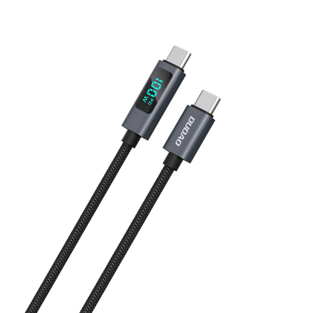 Ein schwarzes USB-C-Ladekabel mit einer LED-Anzeige, die '100%' zeigt, und dem Wort 'DUDAO' auf dem Anschluss.