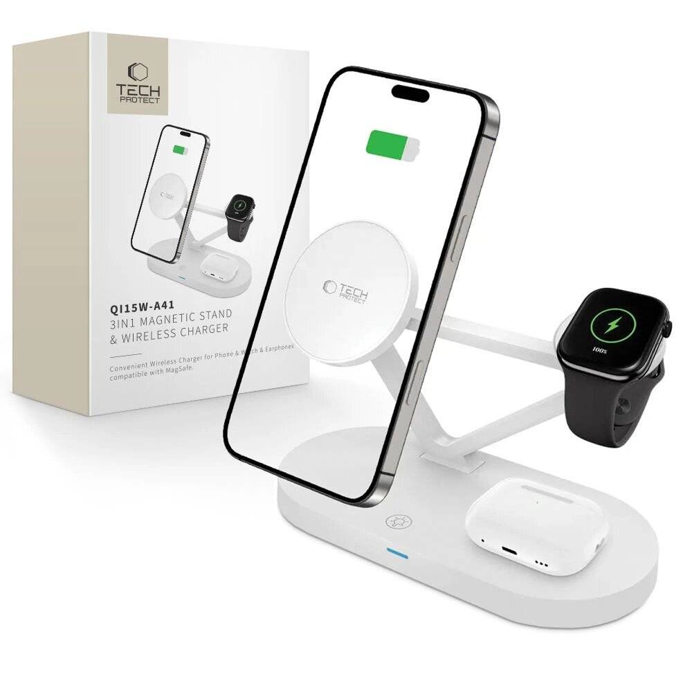 Tech-Protect QI15W-A41 3in1 kabelloses Ladegerät MagSafe Apple -Geräte – Weiß