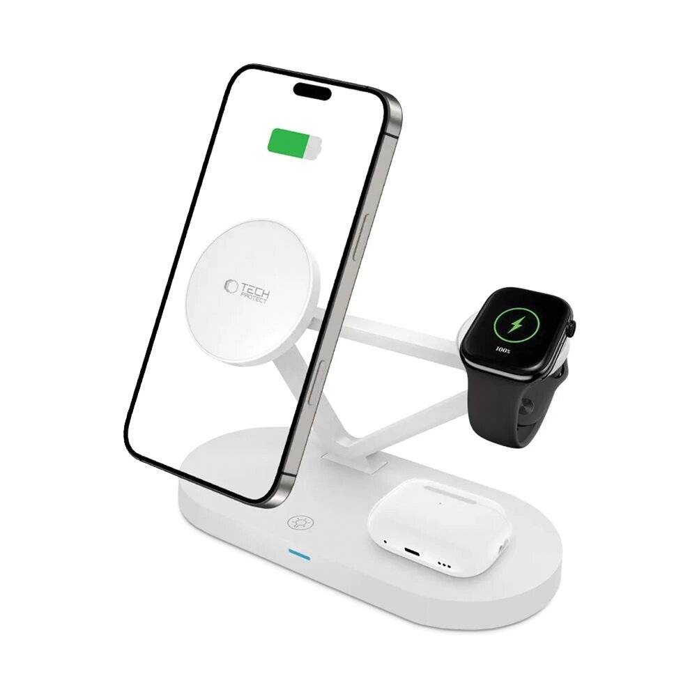 Tech-Protect QI15W-A41 3in1 kabelloses Ladegerät MagSafe Apple -Geräte – Weiß