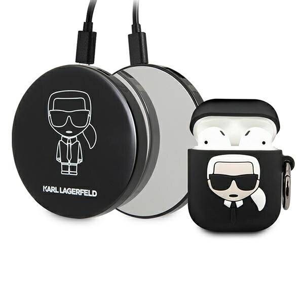 Kabelloses Ladegerät und AirPods-Etui mit Cartoon-Symbol einer Person mit Sonnenbrille und Anzug, verbunden mit „KARL LAGERFELD