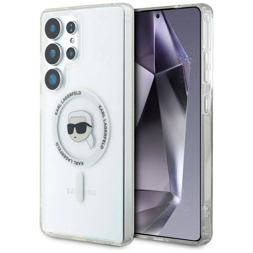 Karl Lagerfeld Button Head gedrucktes Logo MagSafe Samsung Galaxy S25 Ultra Hülle weiß