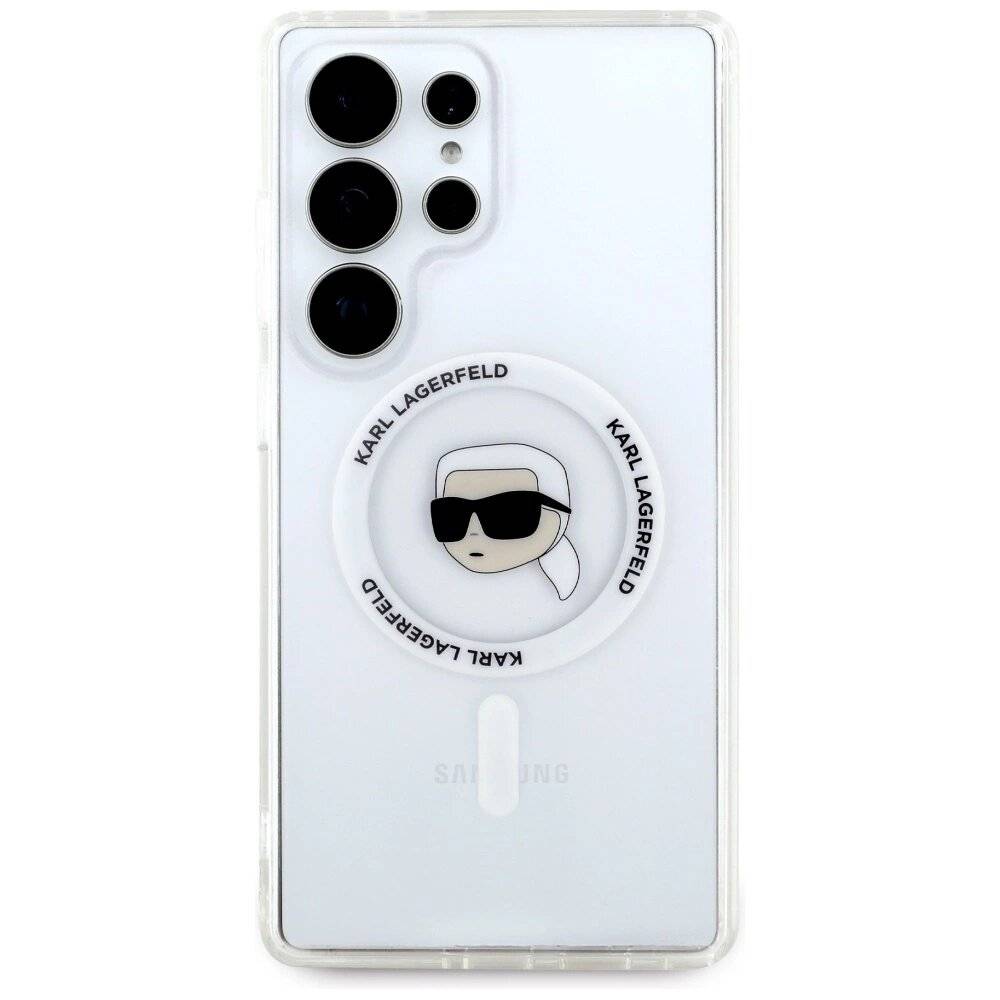 Karl Lagerfeld Button Head gedrucktes Logo MagSafe Samsung Galaxy S25 Ultra Hülle weiß