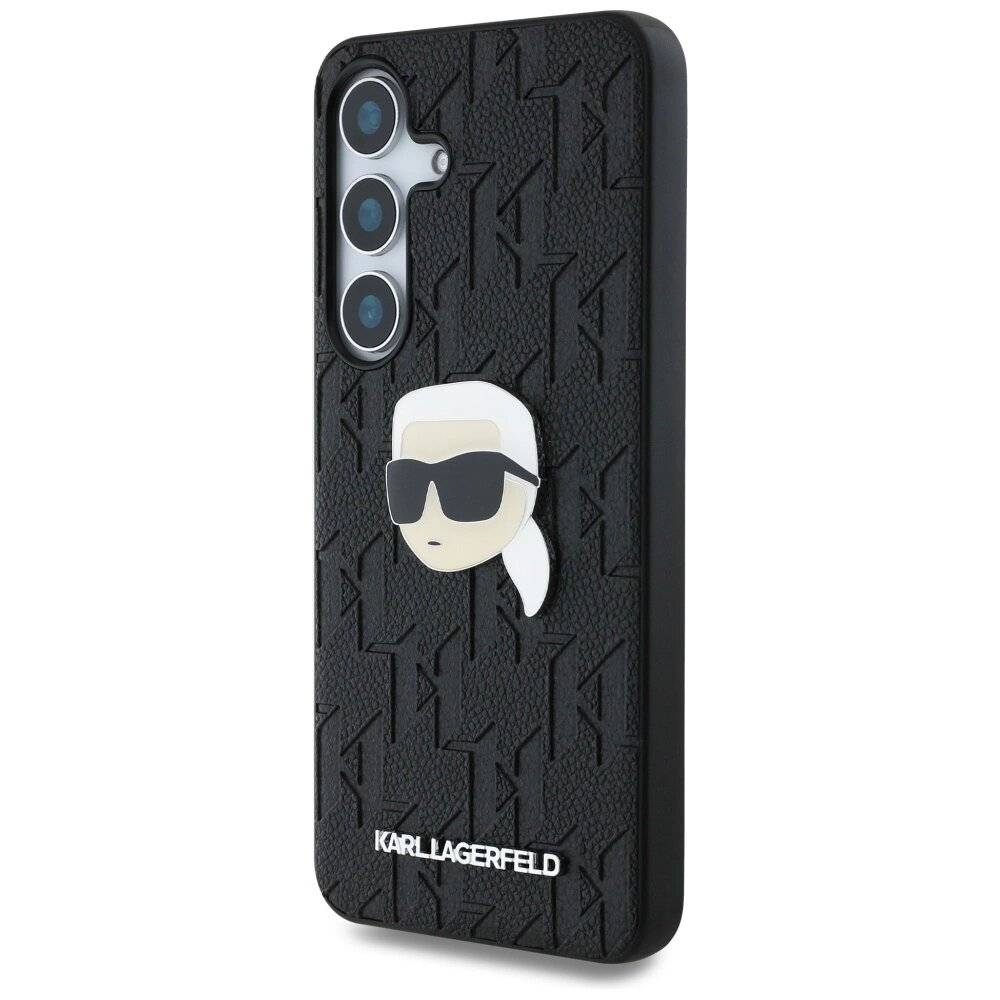 Karl Lagerfeld Ledermonogramm Pin Logo Head Hülle Samsung Galaxy S25 Plus schwarz