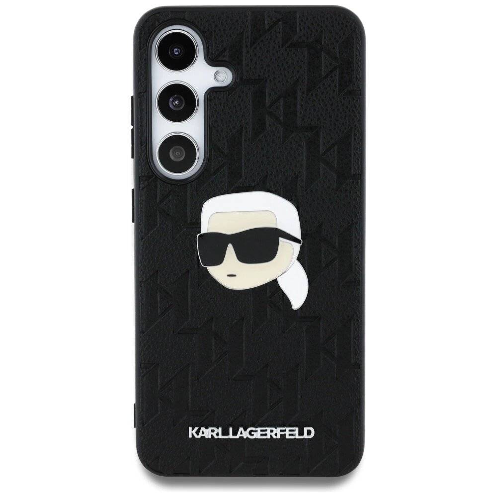 Karl Lagerfeld Ledermonogramm Pin Logo Head Hülle Samsung Galaxy S25 Plus schwarz