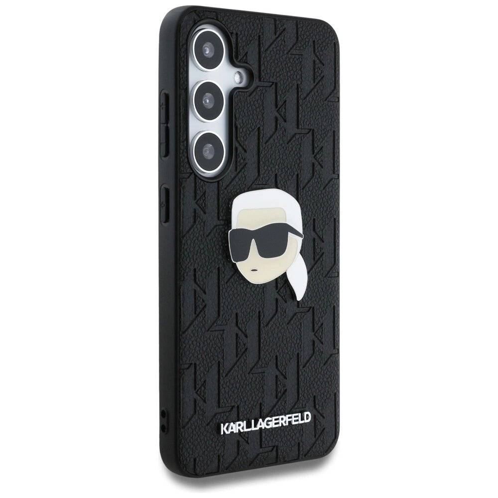 Karl Lagerfeld Ledermonogramm Pin Logo Head Hülle Samsung Galaxy S25 Plus schwarz