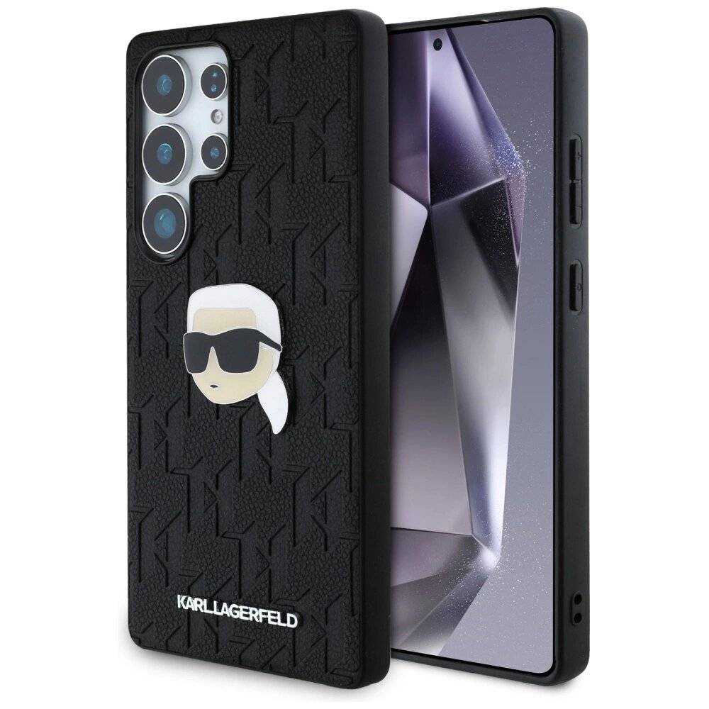 Karl Lagerfeld Ledermonogramm Pin Logo Head Hülle Samsung Galaxy S25 Ultra schwarz