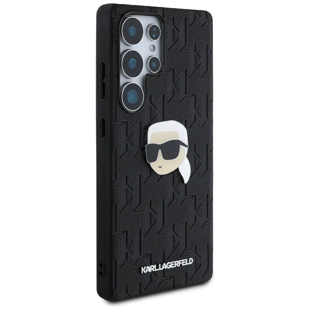 Karl Lagerfeld Ledermonogramm Pin Logo Head Hülle Samsung Galaxy S25 Ultra schwarz