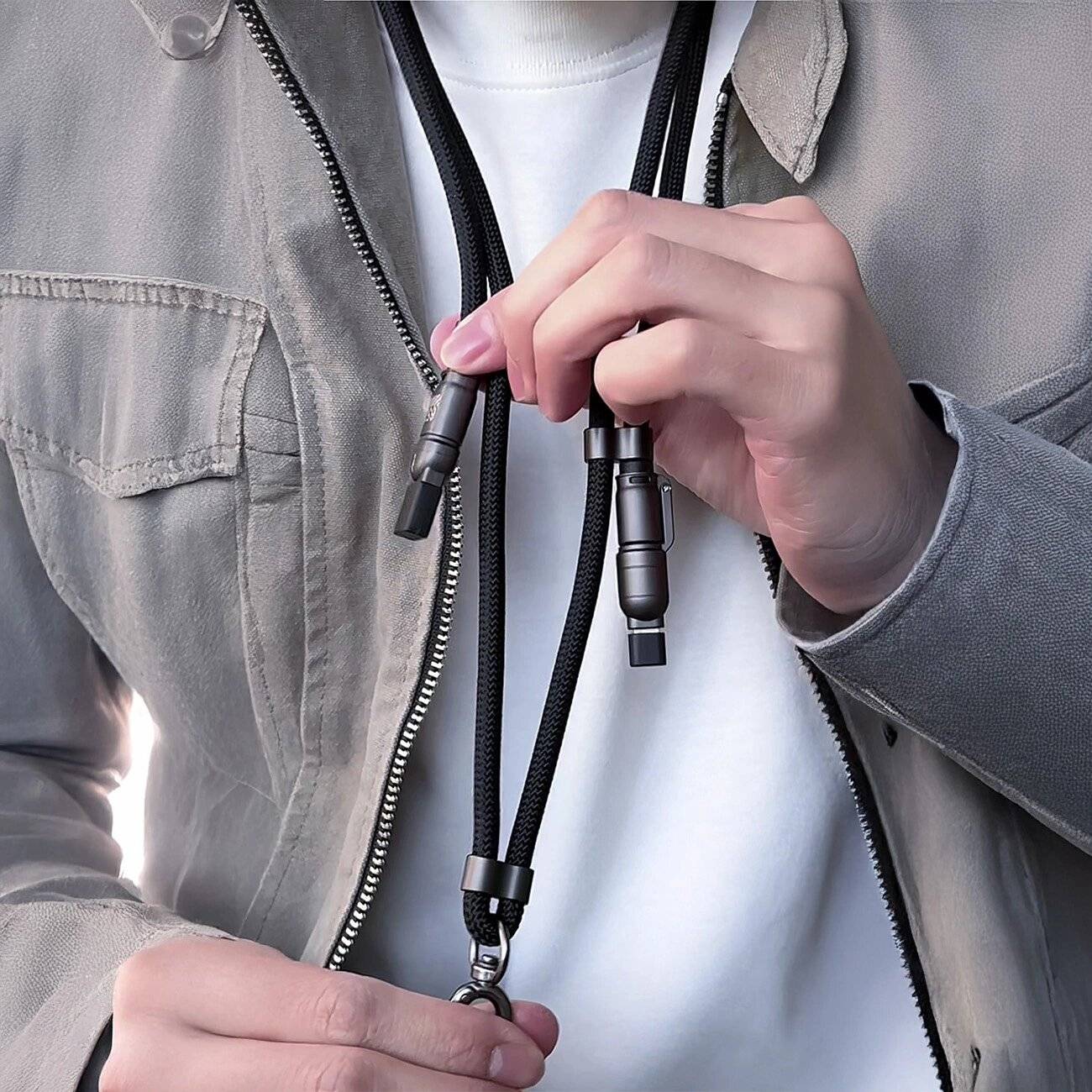 Dudao L20MAX 4in1 Kabel / Lanyard USB-A USB-C Lightning PD QC 65W 1.5m - Schwarz