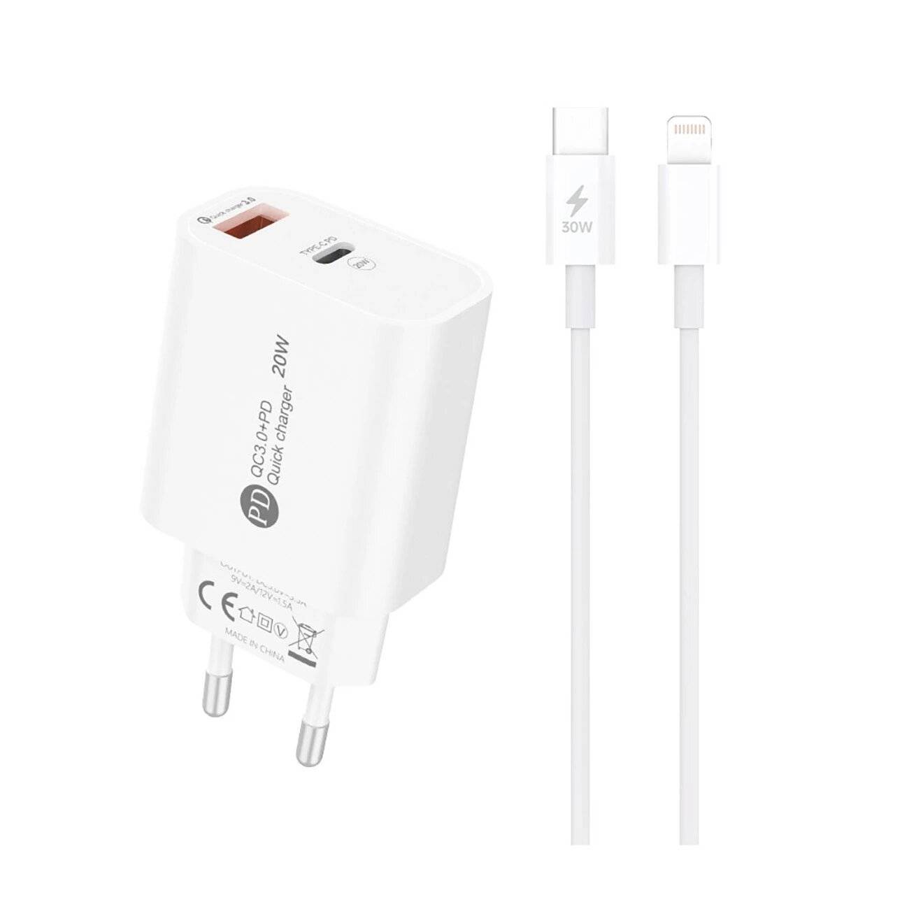 A6MaxL 20W USB-A USB-C Wandladegerät 1m - Lightning Kabel Weiß