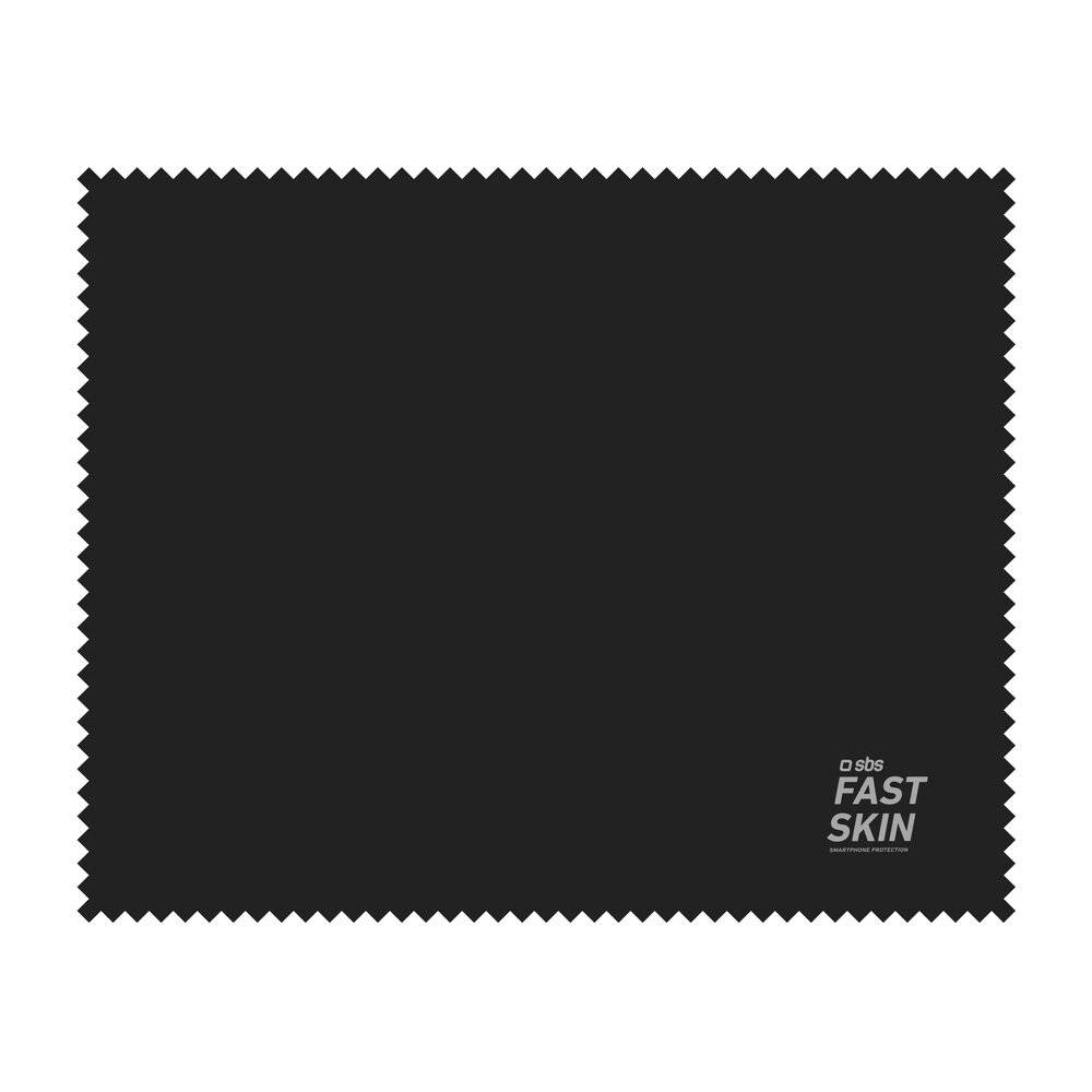 Schwarzes Mikrofasertuch mit Zickzack-Kanten, mit kleinem bedrucktem Text „STG FASTSKIN