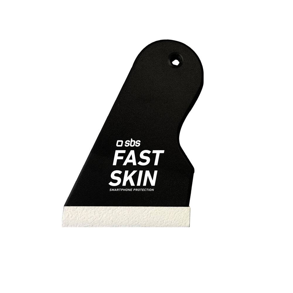 Ein schwarzer Gummiabzieher mit der Aufschrift „SBS Fast Skin Smartphone Protection