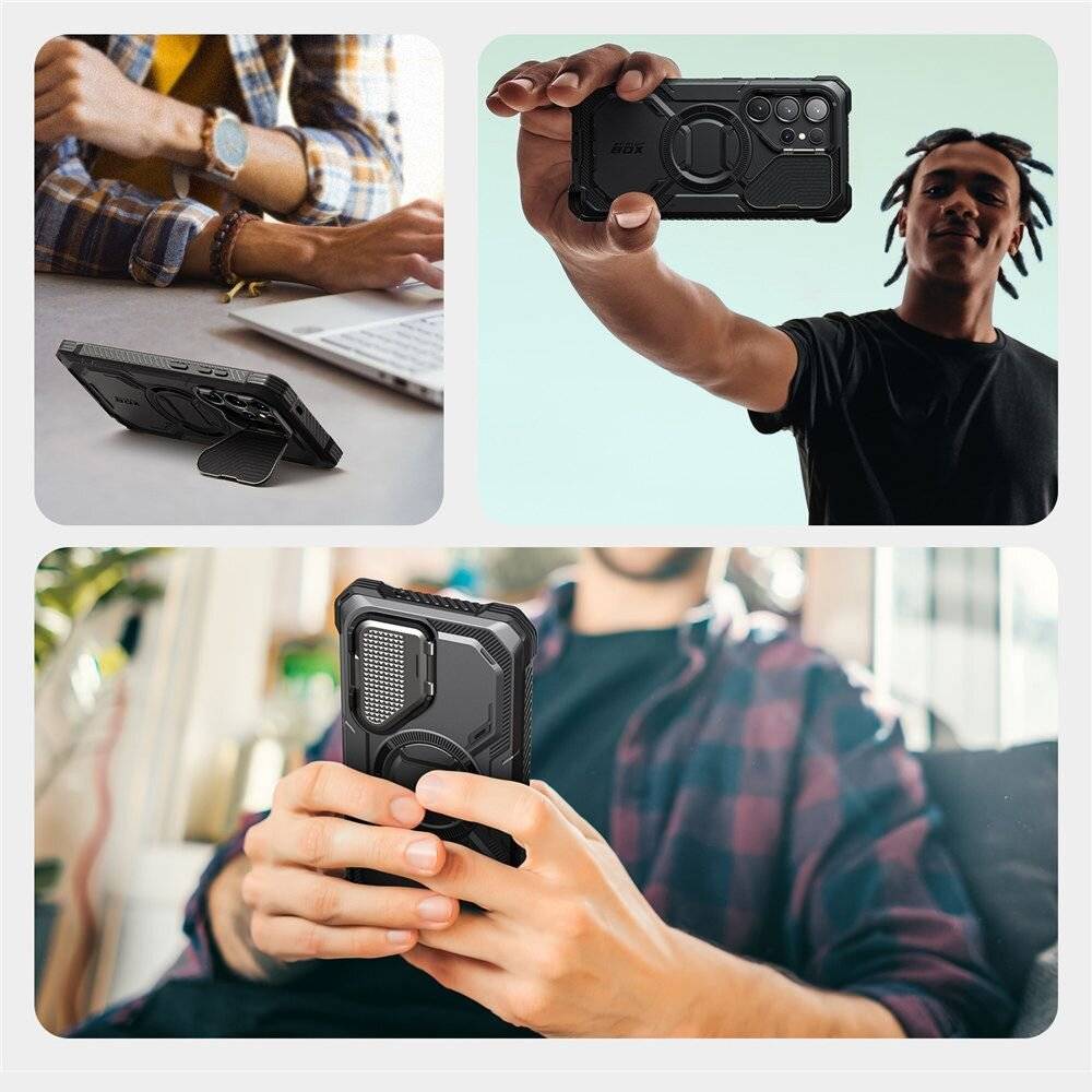 Drei Bilder zeigen eine Person, die eine robuste Handyhülle hält, und präsentieren deren Langlebigkeit und Griffigkeit. Eine weitere Hand zeigt zusätzliche Nahaufnahmedetails.