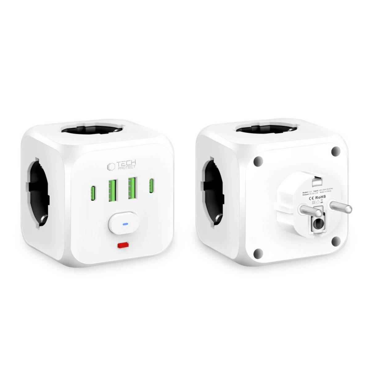 Tech-Protect PCL3x4 Steckdosenleiste, 2x USB-A, USB-C, 3x AC Typ Schuko - Weiß