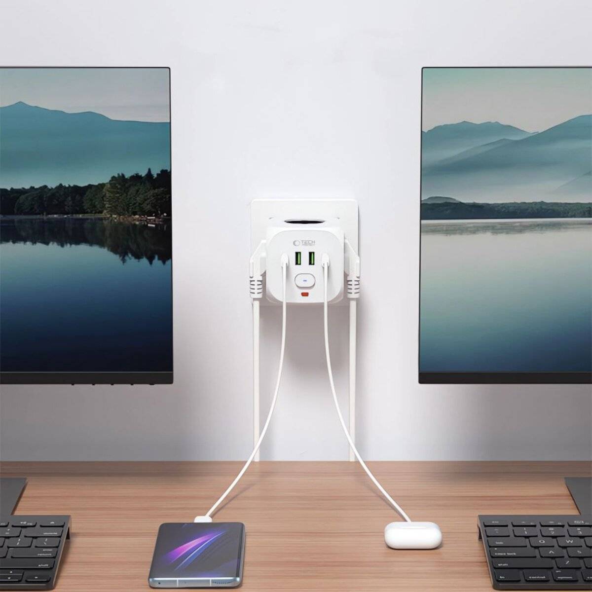 Tech-Protect PCL3x4 Steckdosenleiste, 2x USB-A, USB-C, 3x AC Typ Schuko - Weiß