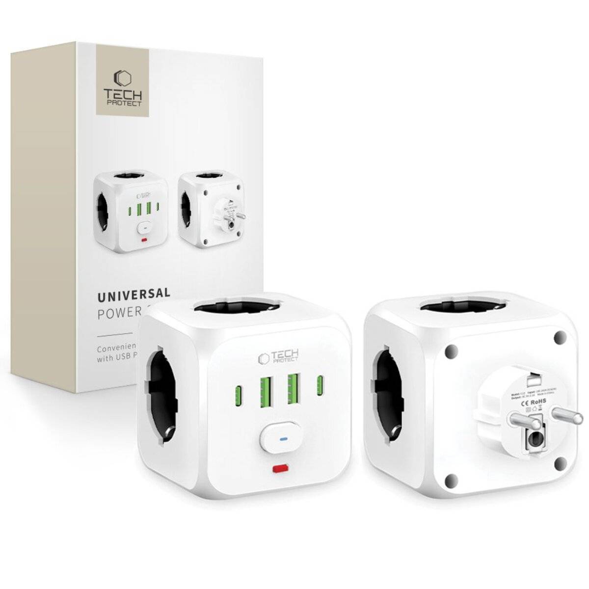 Tech-Protect PCL3x4 Steckdosenleiste, 2x USB-A, USB-C, 3x AC Typ Schuko - Weiß